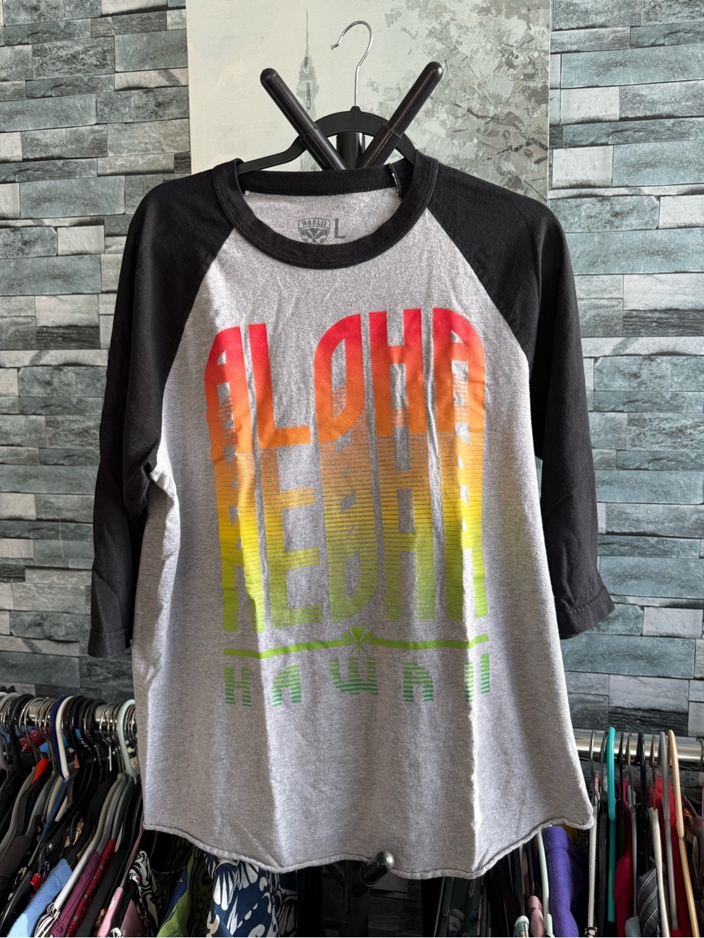 Aloha Graphic Raglan Shirt - Black & Gray with Rainbow Print
